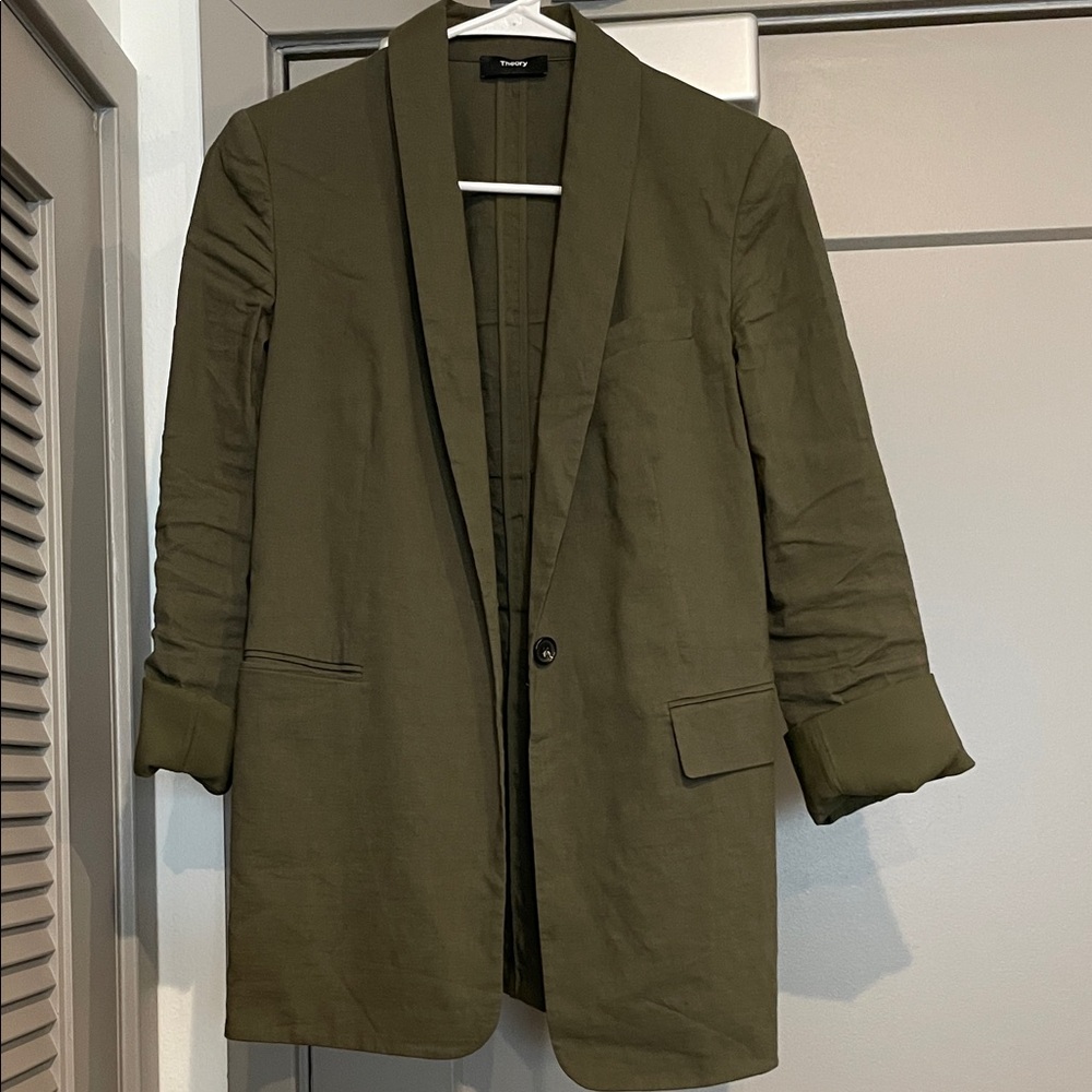 Theory Good Shawl Collar Linen Blend Blazer Olive 00 like a medium, tall